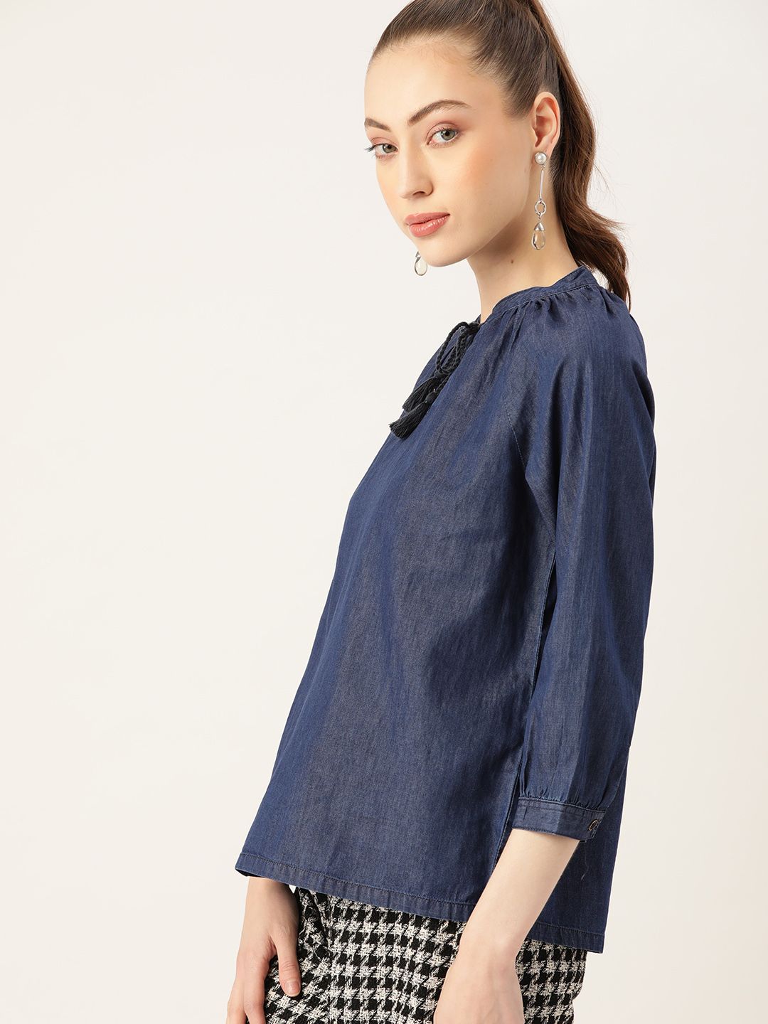 DressBerry Navy Blue Solid Tie-Up Neck Chambray Pure Cotton Top