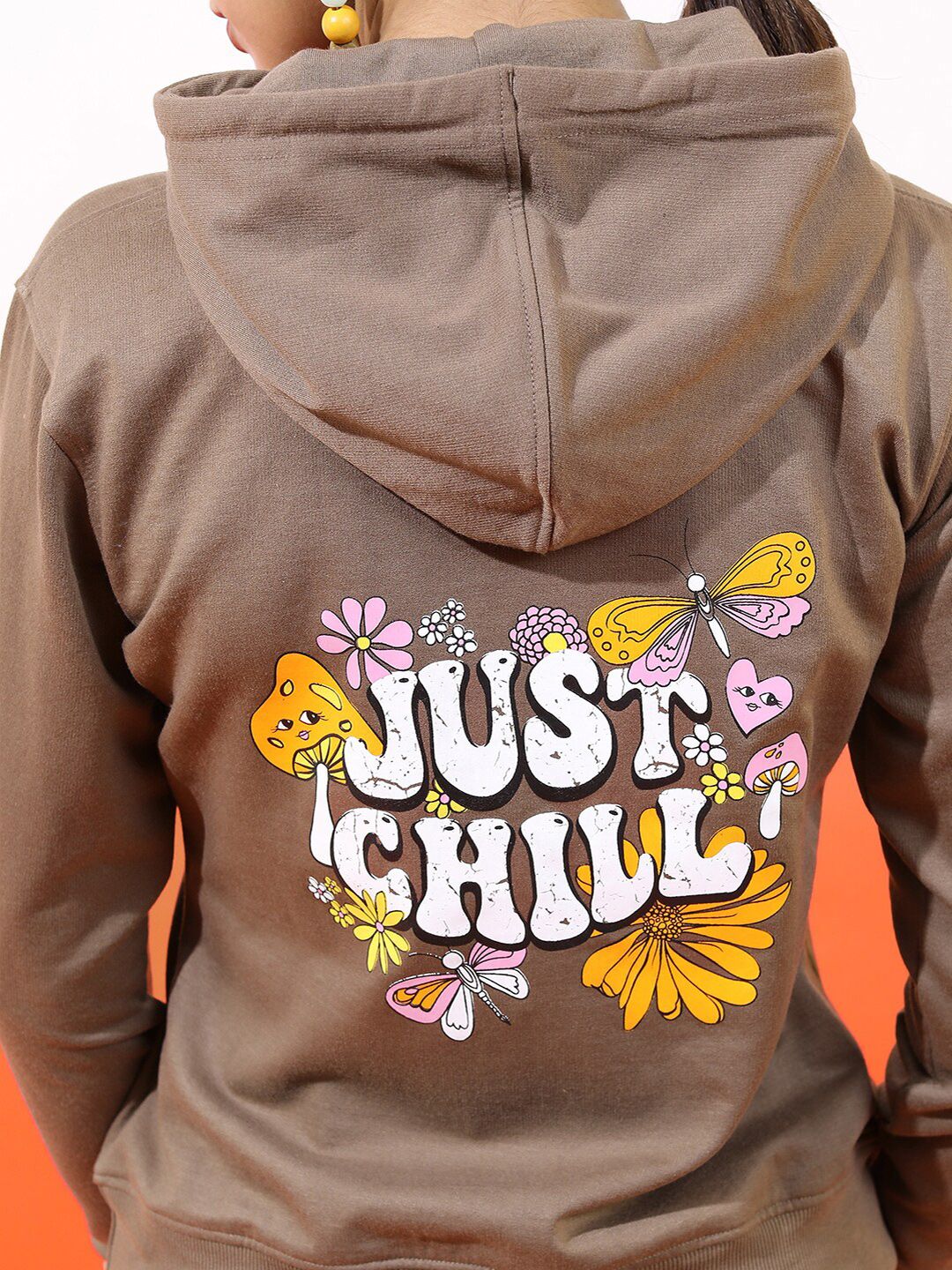Tokyo Talkies Women Brown Typography Hooded Long Sleeve Polyester Sweatshirt