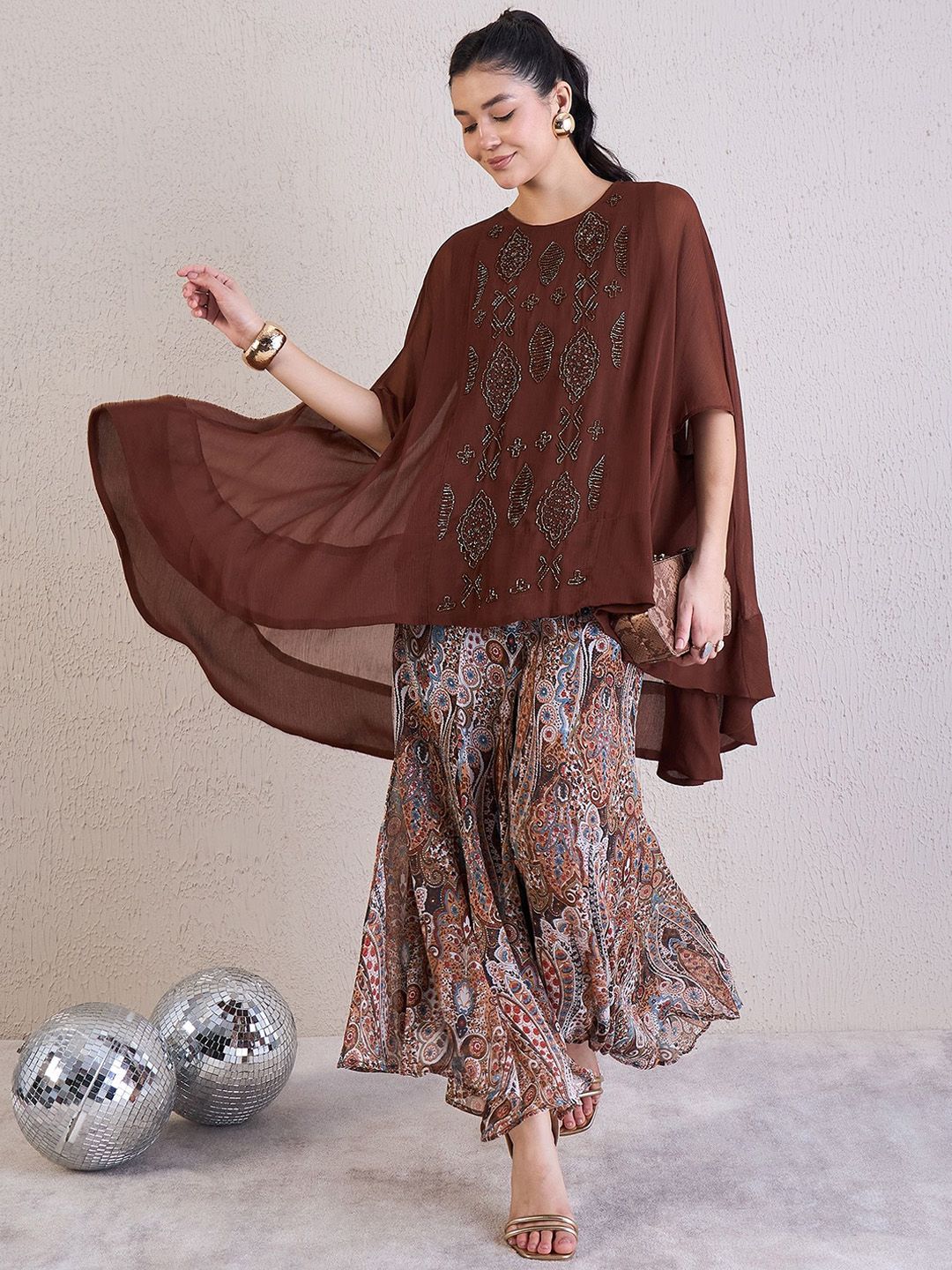 Antheaa Brown Embellished Round Neck Short Sleeves Top & Palazzos