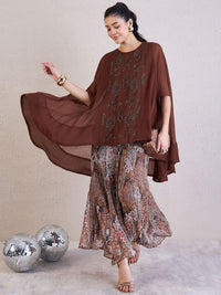 Antheaa Brown Embellished Round Neck Short Sleeves Top & Palazzos