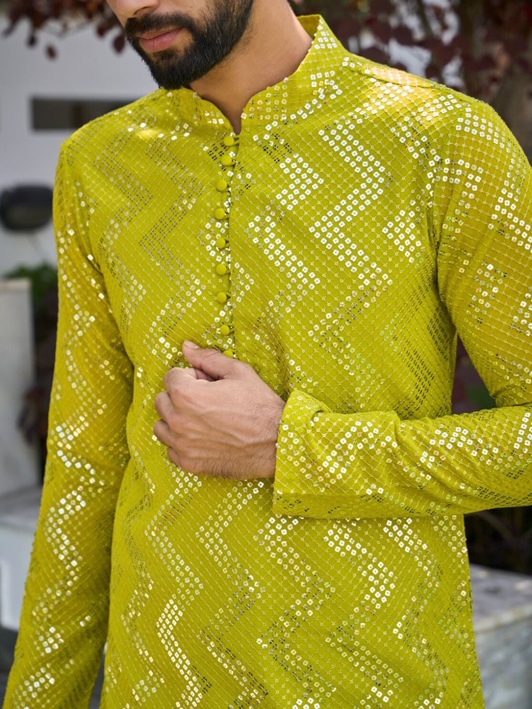 See Designs Geometric Woven Design Mandarin Collar Straight Kurta