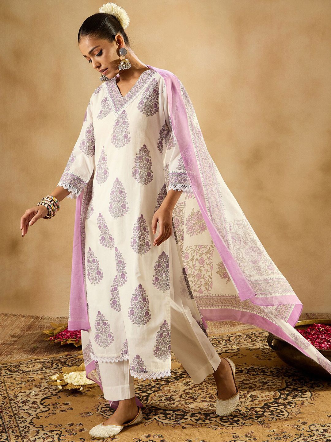 Indo Era Floral Printed Regular Sequinned Pure Cotton Kurta with Trousers & Dupatta