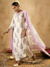 Indo Era Floral Printed Regular Sequinned Pure Cotton Kurta with Trousers & Dupatta