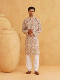 SOJANYA Men Cream-Coloured Geometric Printed Kurta