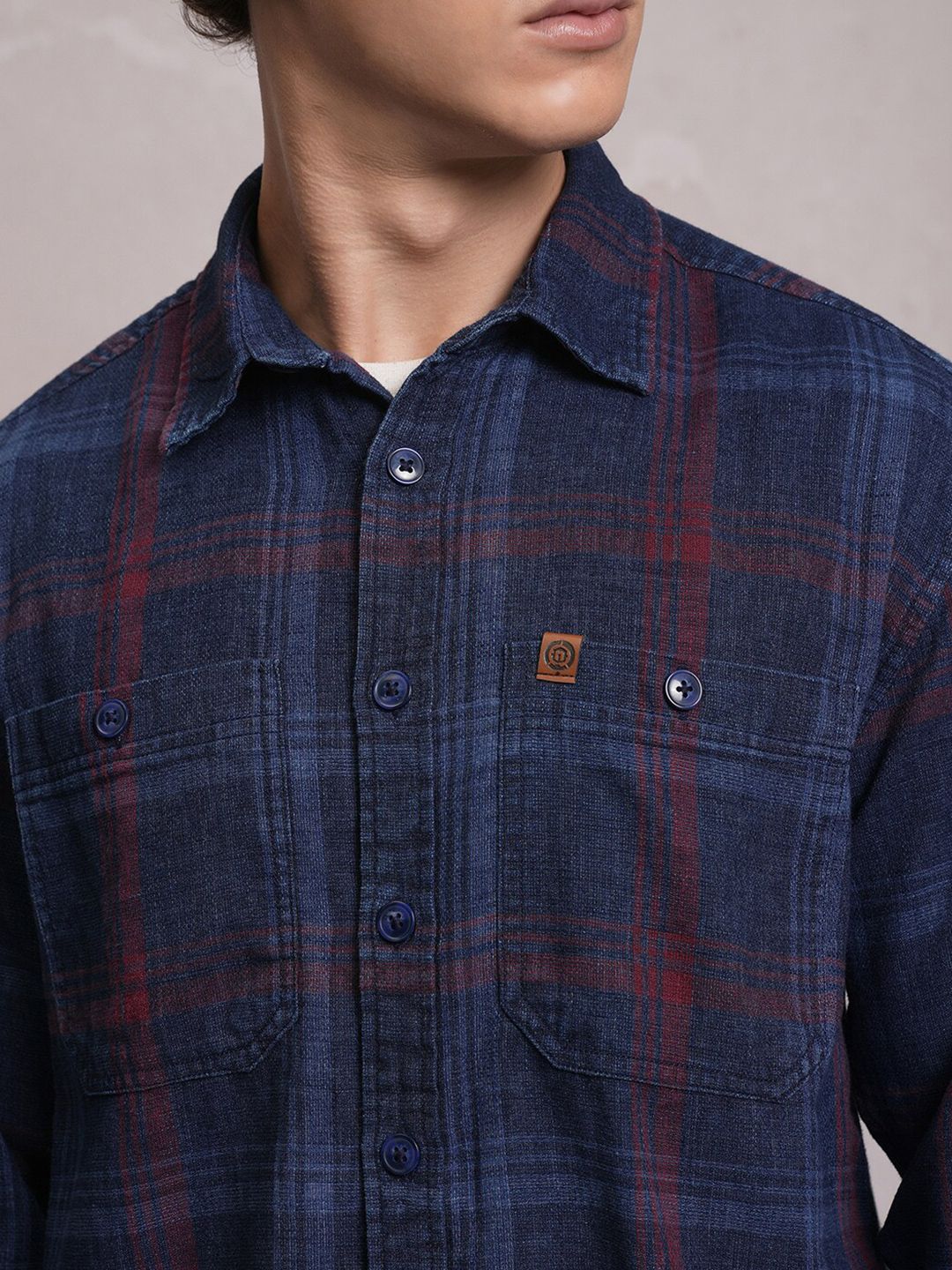 LOCOMOTIVE Premium Indigo Dobby Textured Checked Utility Pocket Overshirt
