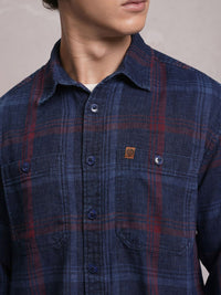 LOCOMOTIVE Premium Indigo Dobby Textured Checked Utility Pocket Overshirt
