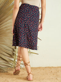 Berrylush Navy Blue Floral Printed High-Rise Side Slit Knee Length Skirt