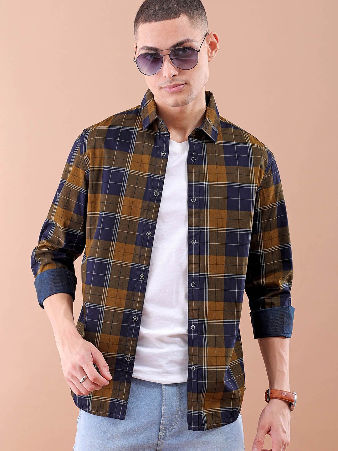 The Indian Garage Co Men Mustard Comfort Checked Cotton Reversible Casual Shirt