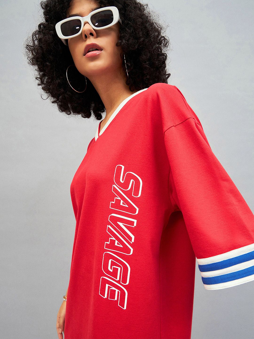 SASSAFRAS Red Typography Printed Cotton T-shirt Mini Dress