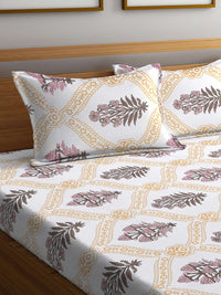 KLOTTHE White Ethnic Motifs Cotton 300 TC Fitted King Fine Bedsheet with 2 Pillow Covers-98 x 89 inches