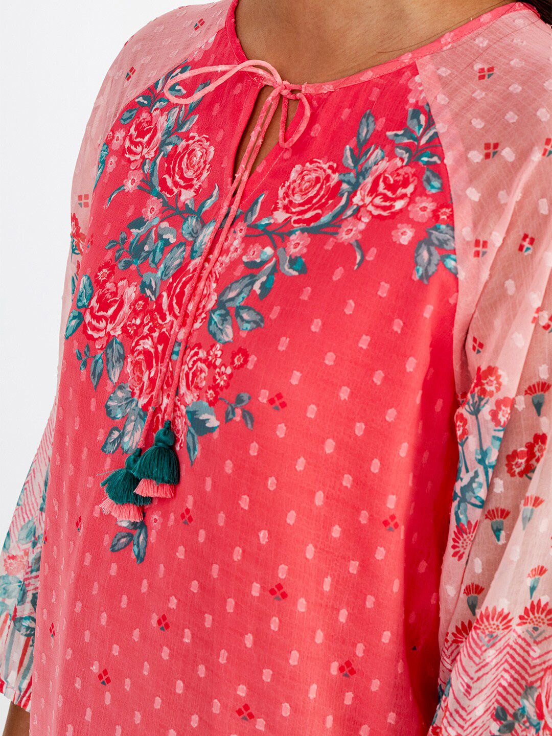 Global Desi Floral Printed Tie-Up Neck Top