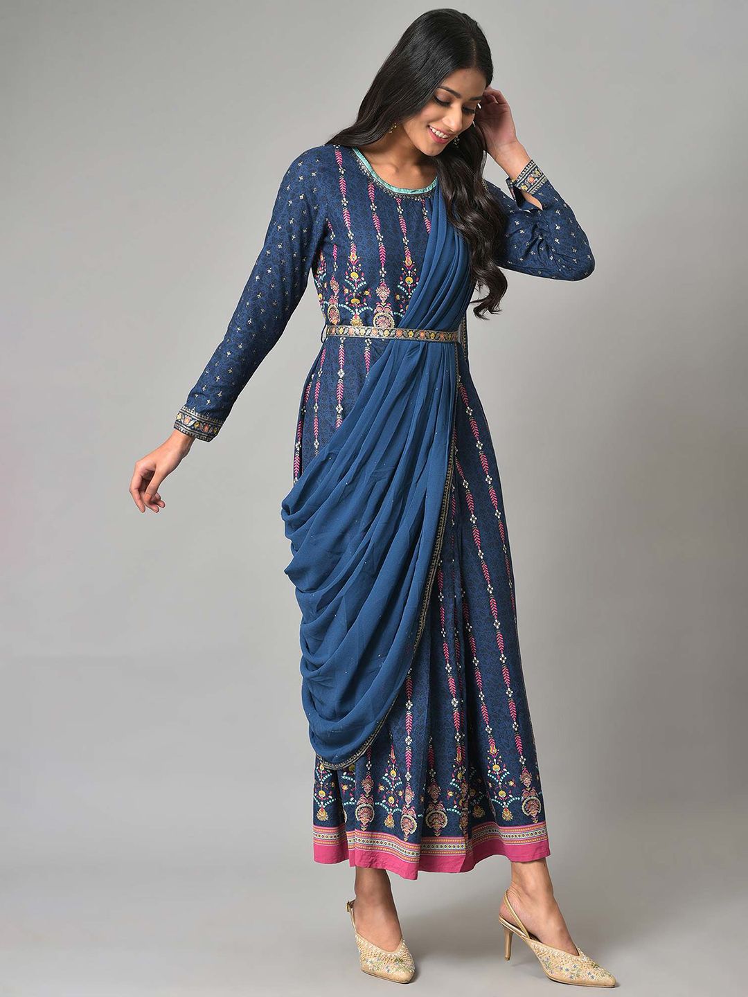W Blue Ethnic Motifs Ethnic Maxi Dress