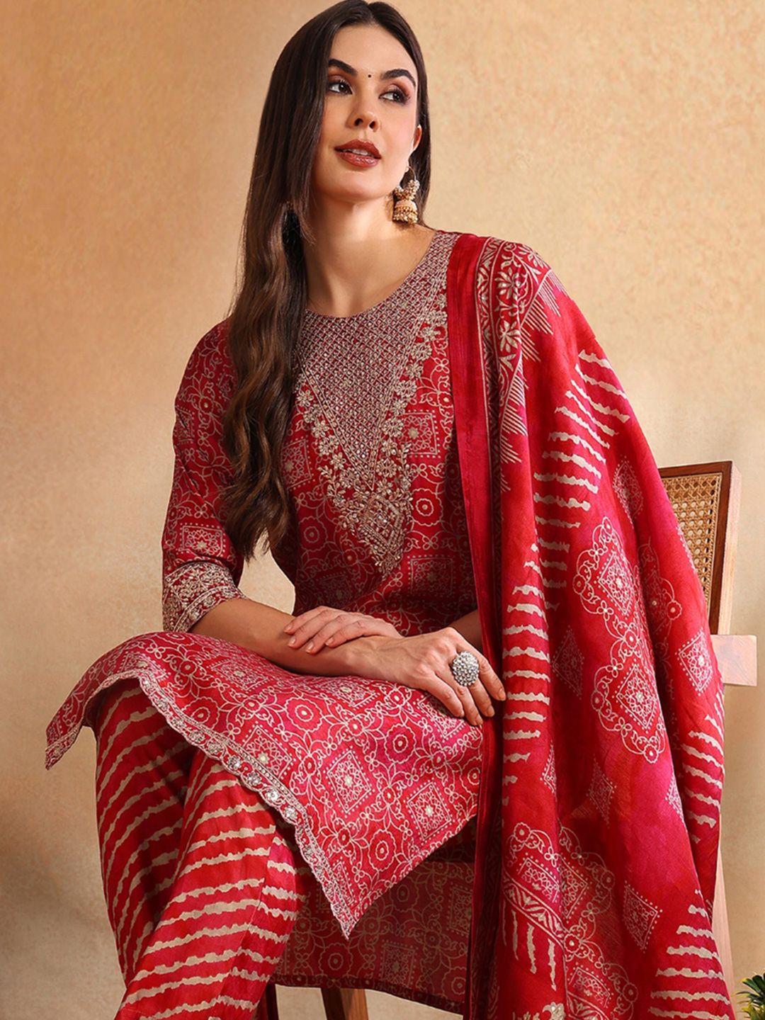 KALINI Ethnic Motifs Embroidered Round Neck Straight Kurta with Trousers & With Dupatta