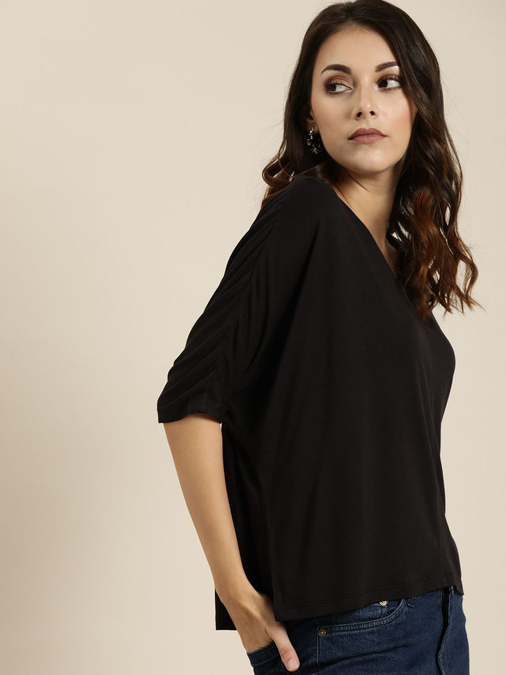 all about you Women Black Solid V-Neck T-shirt