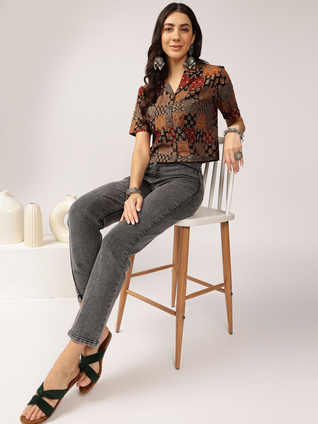 Anouk Ethnic Printed Cuban Collar Pure Cotton Shirt Style Top