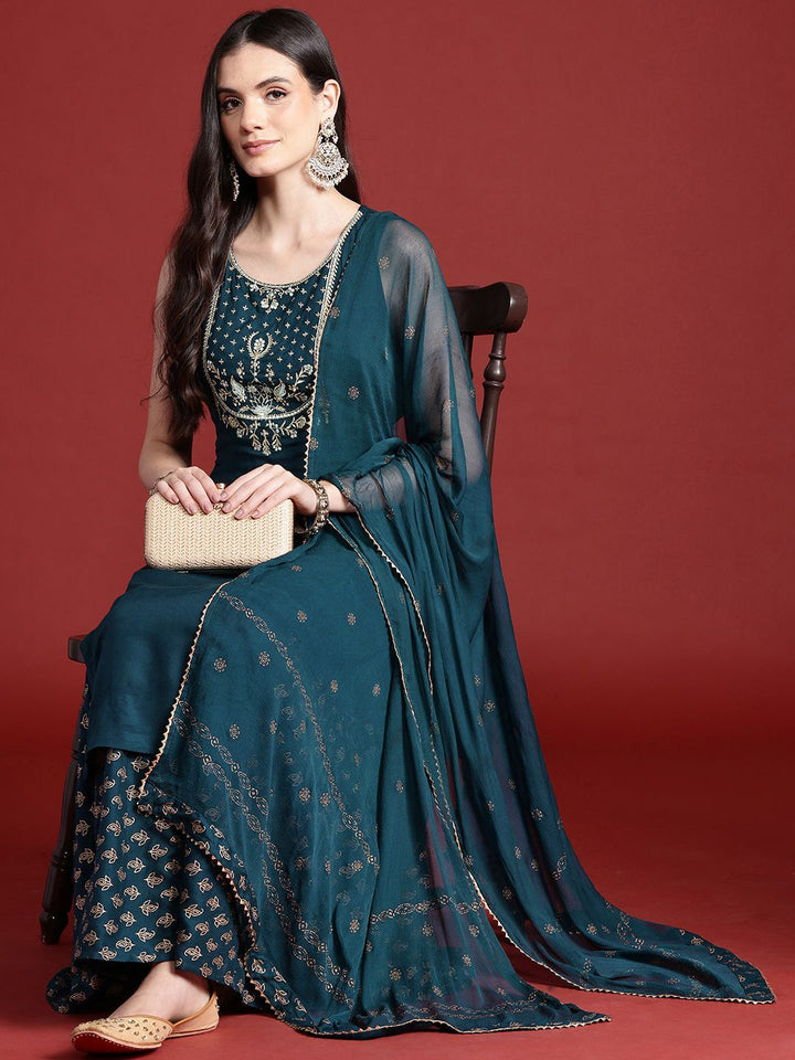 Anouk Ethnic Printed Yoke Embroidered Layered Kurta with Dupatta