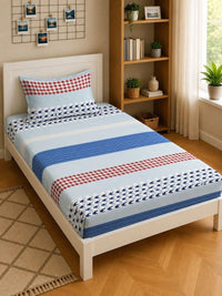 Moda Rapido X KLOTTHE Blue & Red Striped 300 TC Single Bedsheet with 1 Pillow Covers