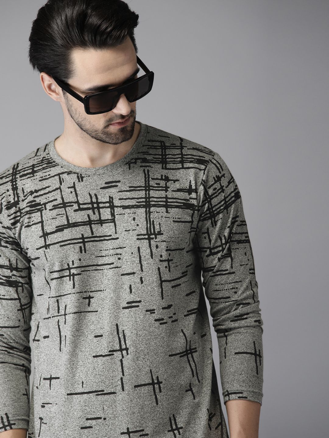 Campus Sutra Men Grey Printed Cotton Pure Cotton T-shirt