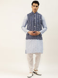 SOJANYA Kurta Sulam Chikankari Biru Lelaki dengan Jaket Churidar & Nehru