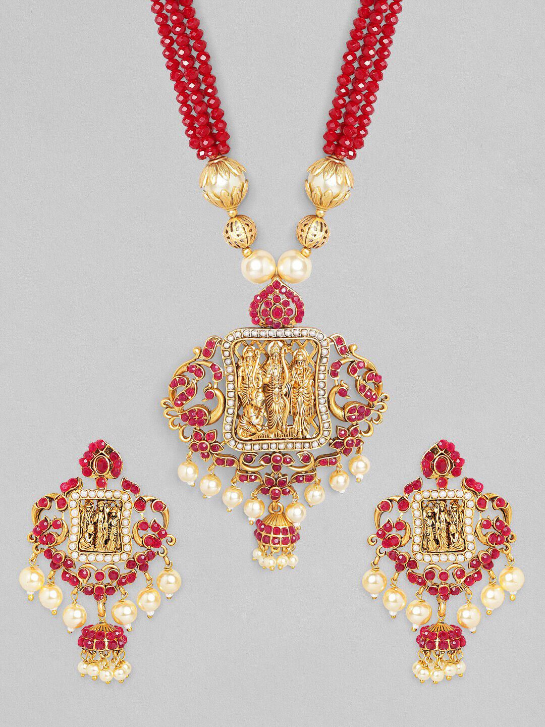 Rubans Gold-Plated & Red Stone-Studded & Pearl Beaded Handcrafted Jewellery Set