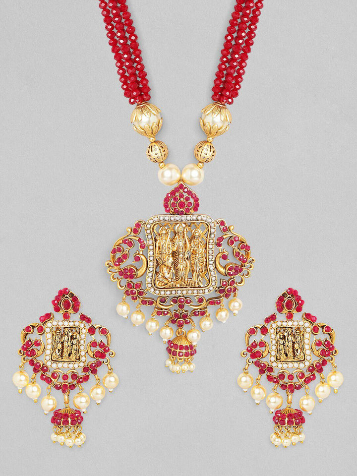 Rubans Gold-Plated & Red Stone-Studded & Pearl Beaded Handcrafted Jewellery Set