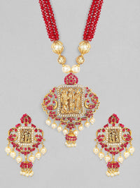 Rubans Gold-Plated & Red Stone-Studded & Pearl Beaded Handcrafted Jewellery Set