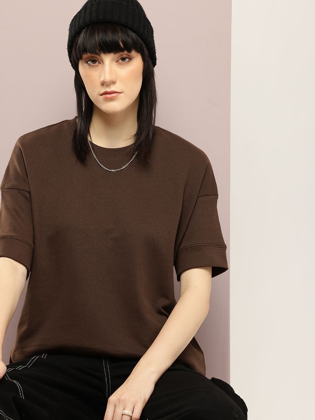 DILLINGER Women Oversized Drop Shoulder Ultra Soft Drapey Cotton Crew Neck T-Shirt