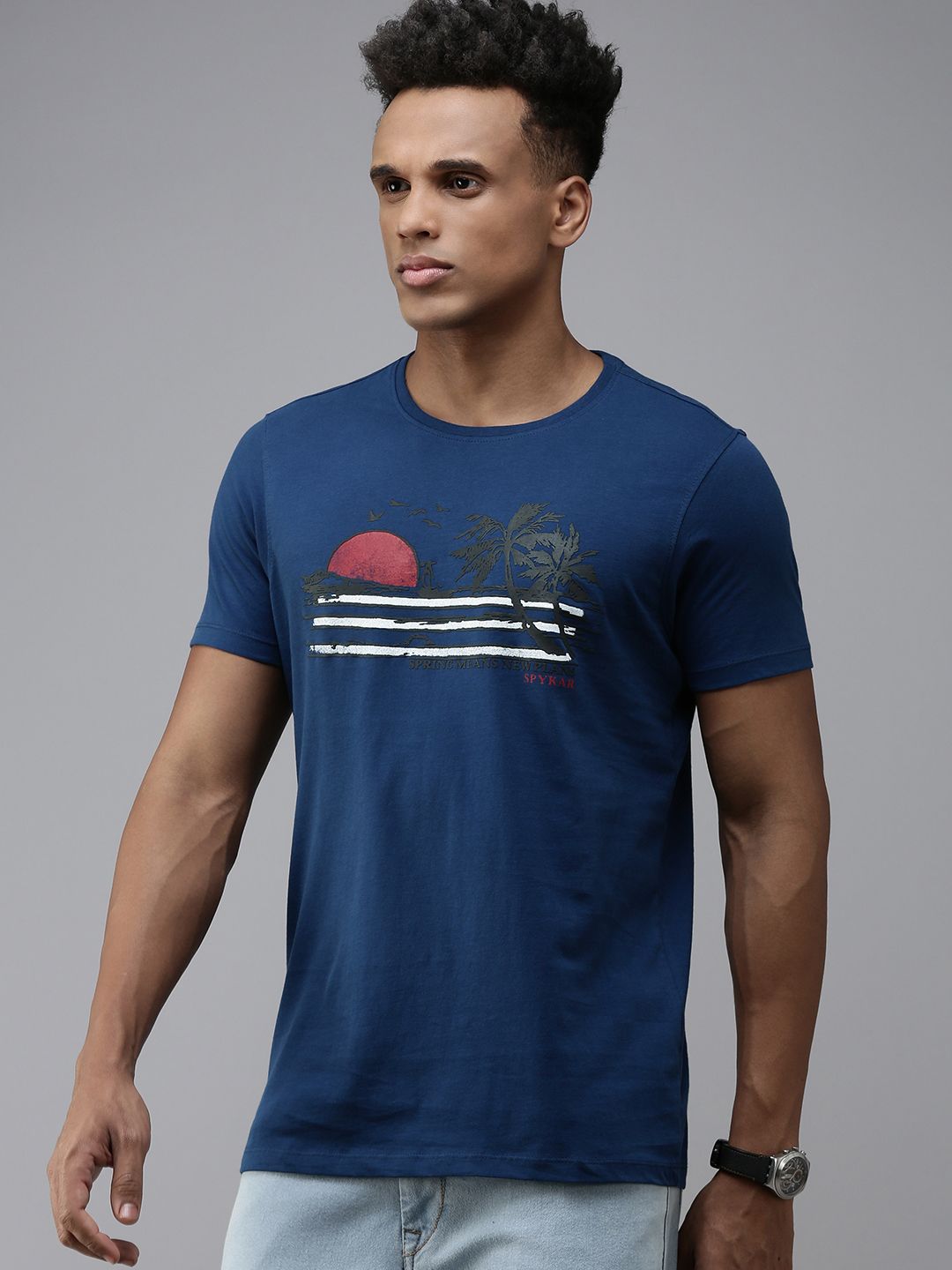 SPYKAR Graphic Print Round Neck Knitted Pure Cotton Slim Fit T-shirt