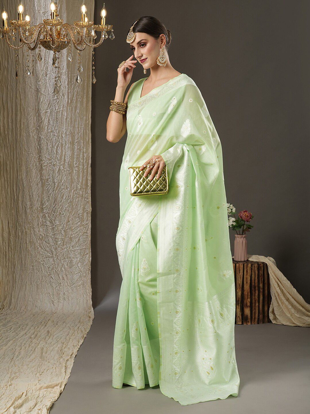 Saree mall Green Woven Design Silk Cotton Banarasi Sarees