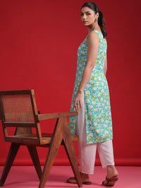 Indo Era Floral Printed Sweetheart Neck Sleeveless Cotton Straight Kurtas