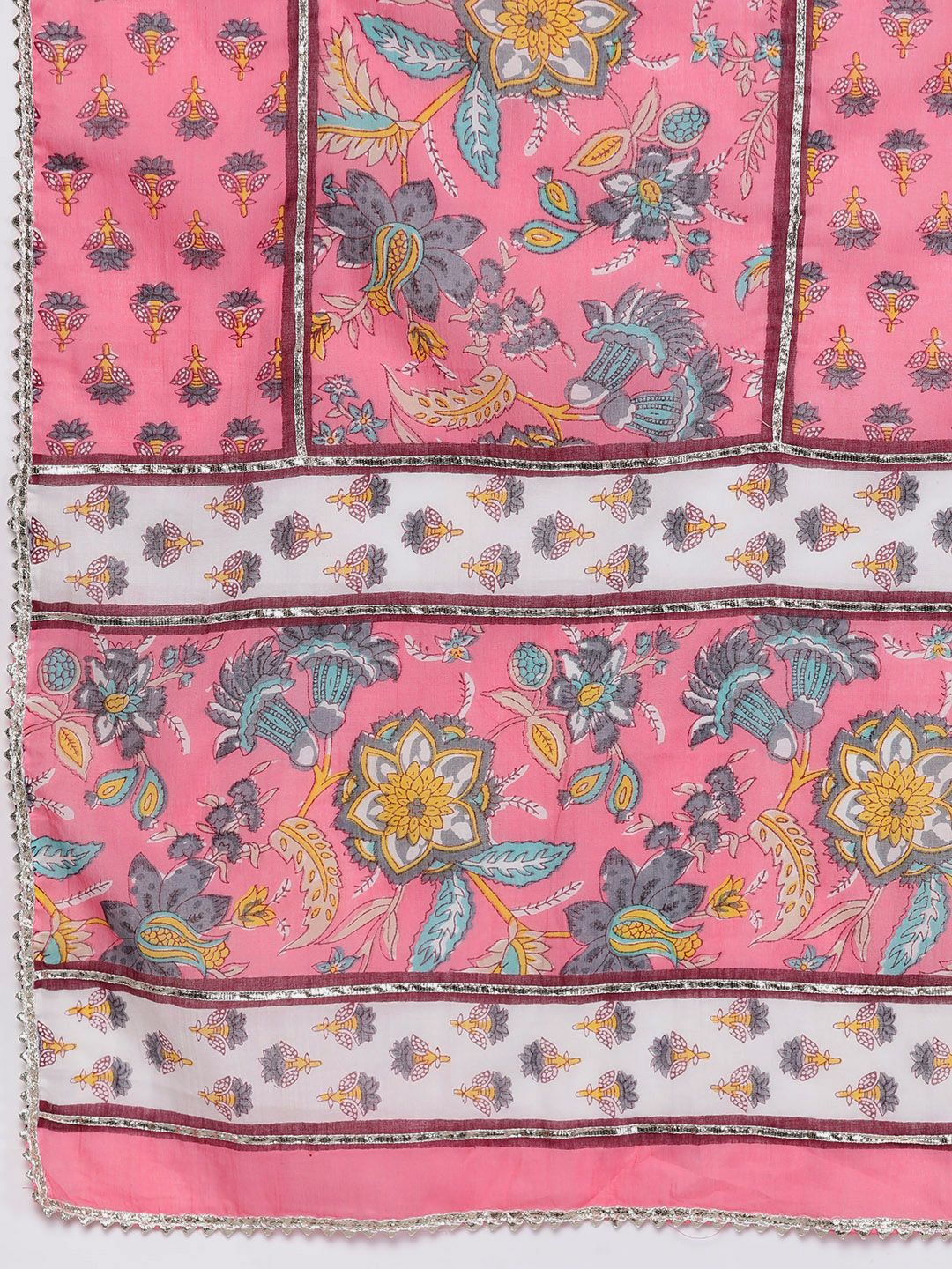 Libas Women Pink Floral Printed Panelled Pure Cotton Kurta with Palazzos & With Dupatta