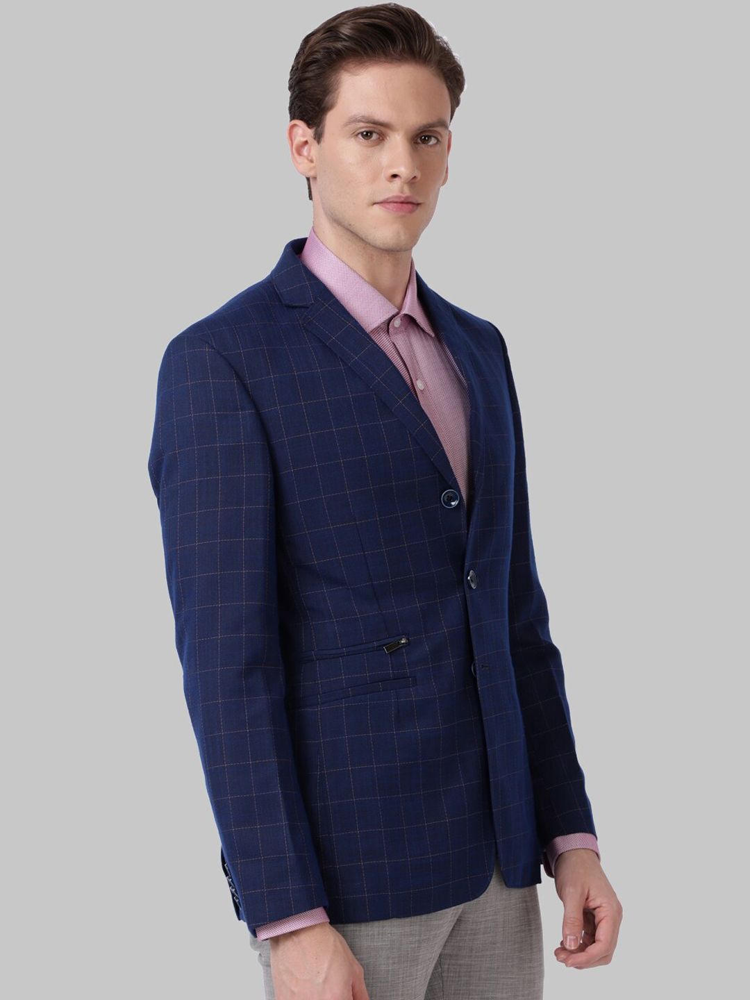 Park Avenue Men Navy Blue Checked Super Slim-Fit Single-Breasted Formal Blazer