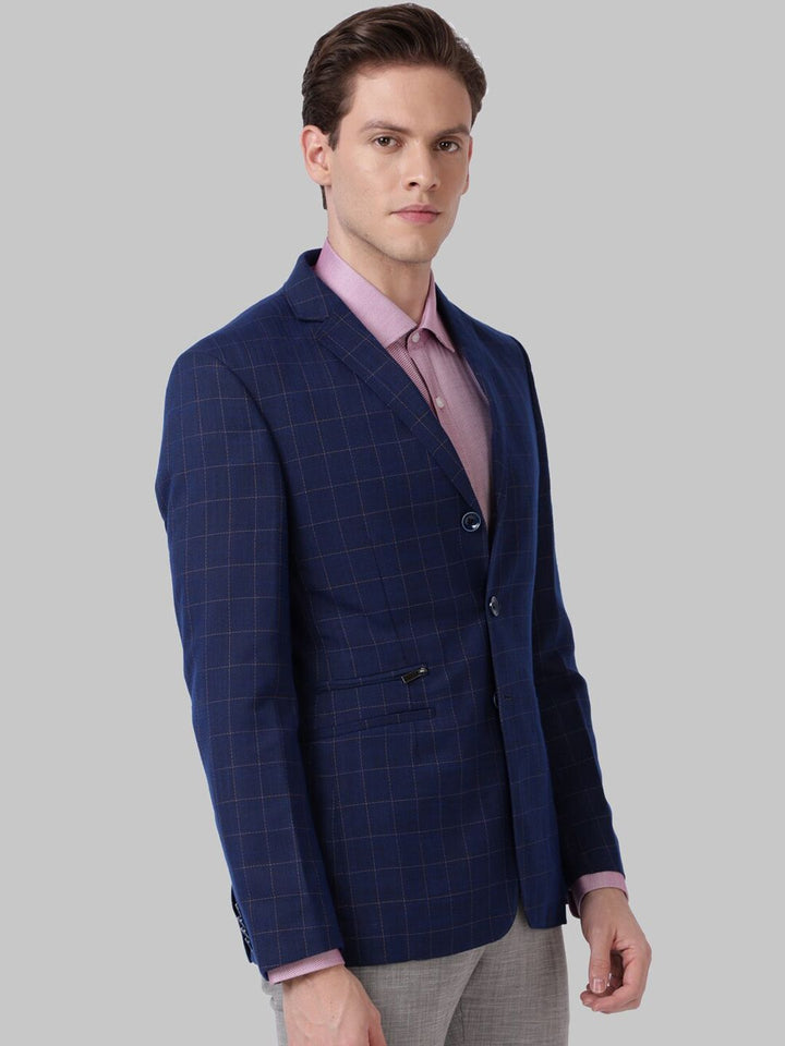 Park Avenue Men Navy Blue Checked Super Slim-Fit Single-Breasted Formal Blazer