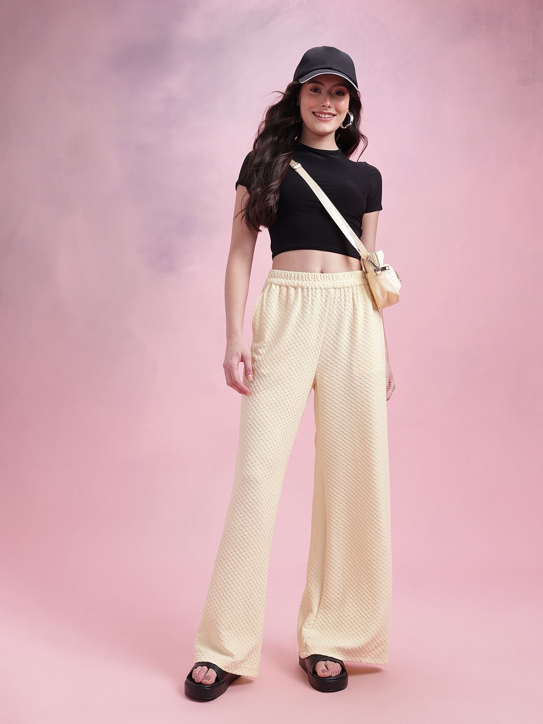 DressBerry Women Geometric Textured Mid-Rise Wide Leg Flared Trousers