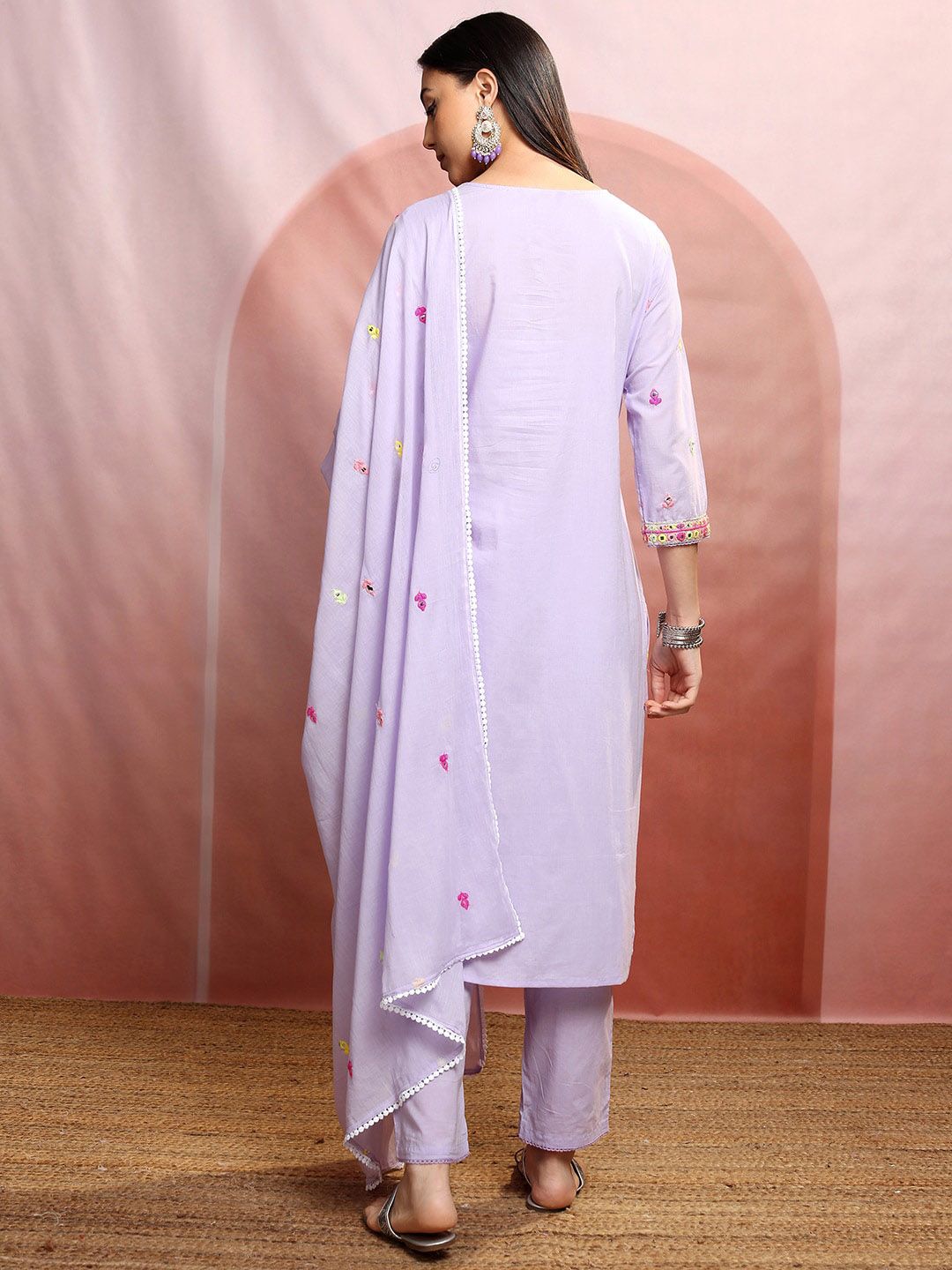 Vishudh Lavender Round Neck Embroidered Regular Thread Work Pure Cotton Straight Kurta Set