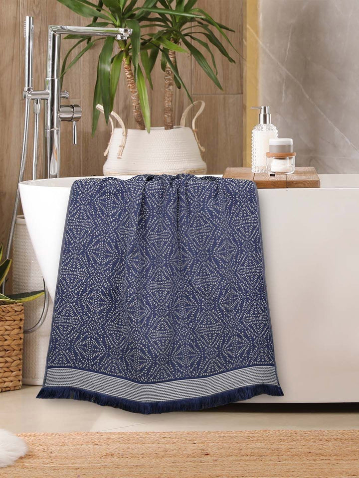 MYTRIDENT Blue & White Ethnic Motifs Printed Cotton 500 GSM Bath Towel