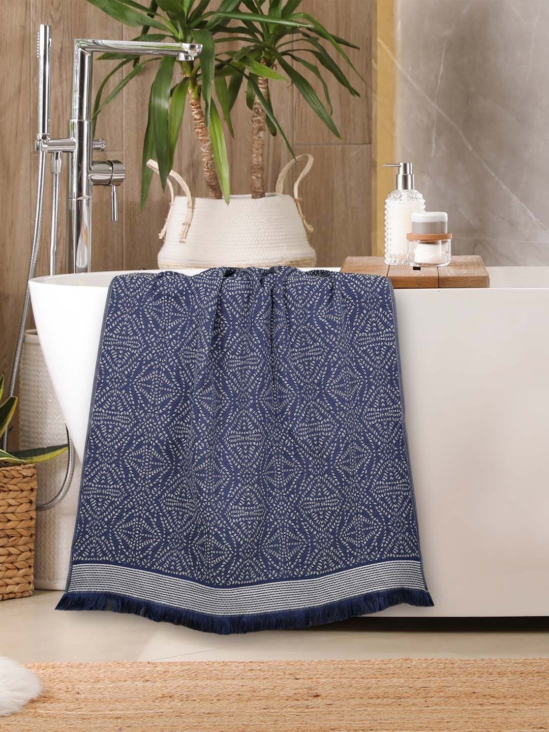 MYTRIDENT Blue & White Ethnic Motifs Printed Cotton 500 GSM Bath Towel