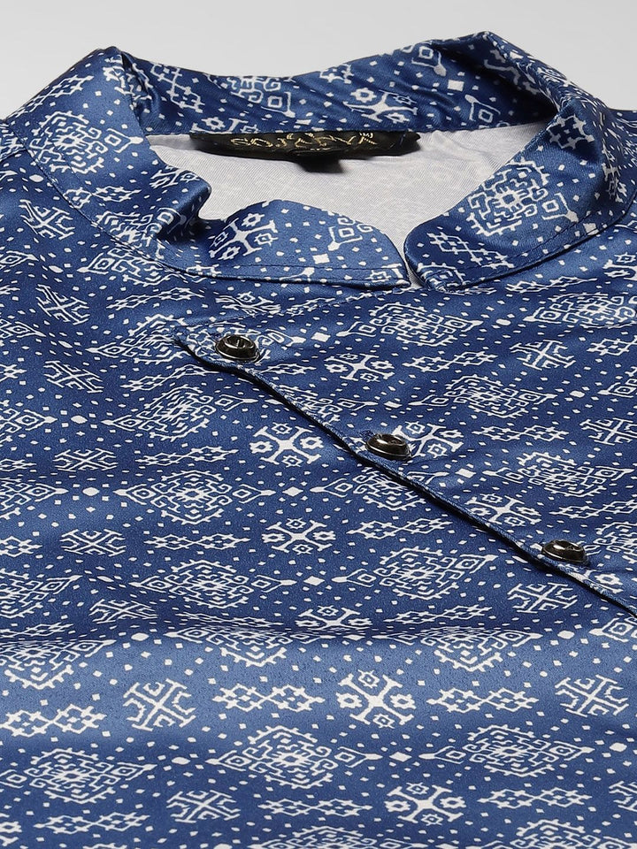 SOJANYA Men Blue & Grey Ethnic Motifs Print Kurta & Churidar with Tailored Jacket