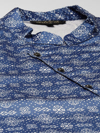SOJANYA Lelaki Biru & Kelabu Motif Etnik Cetak Kurta & Churidar dengan Jaket Disesuaikan