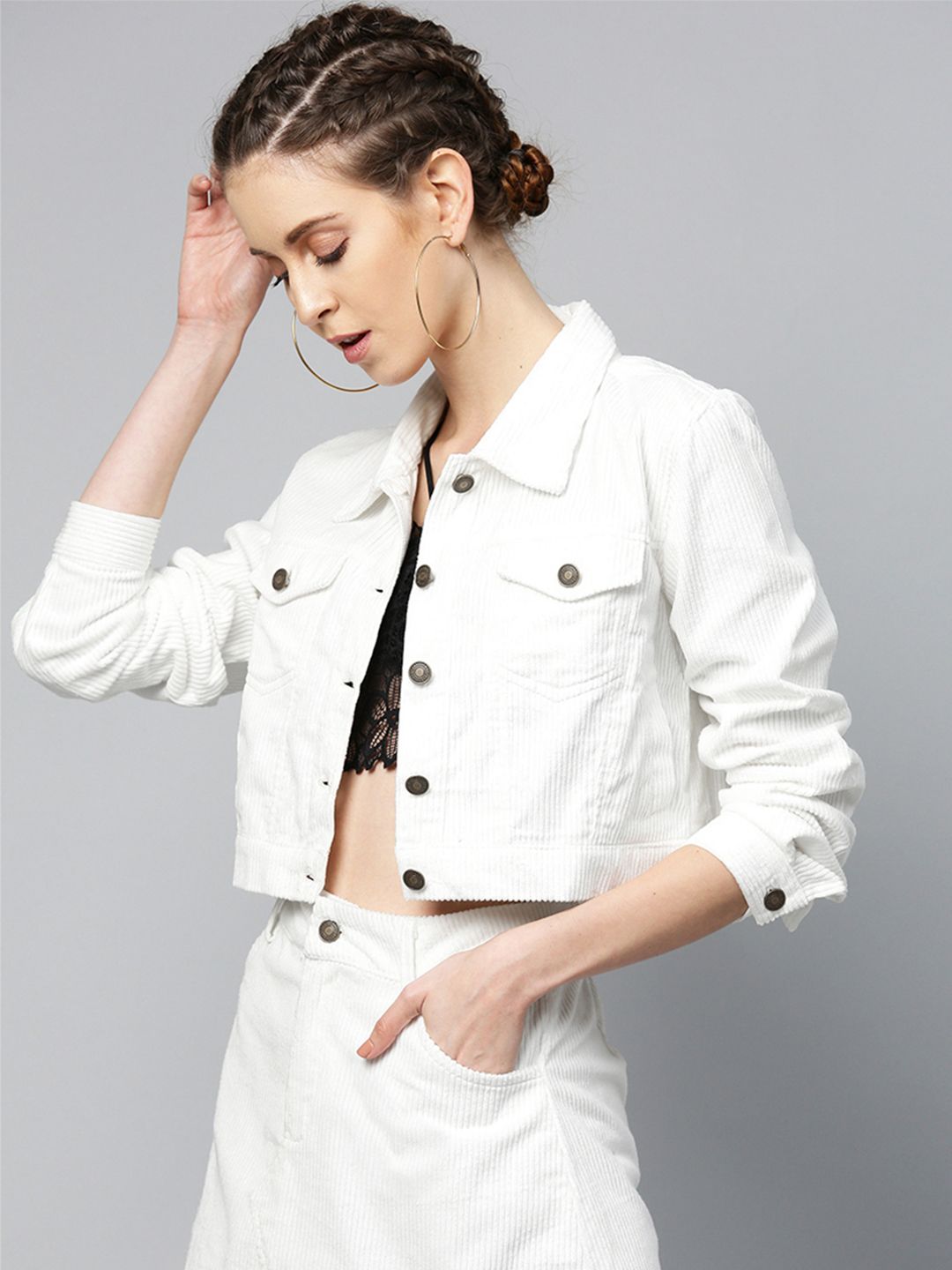 SASSAFRAS Women White Self-Striped Corduroy Crop Tailored Jacket