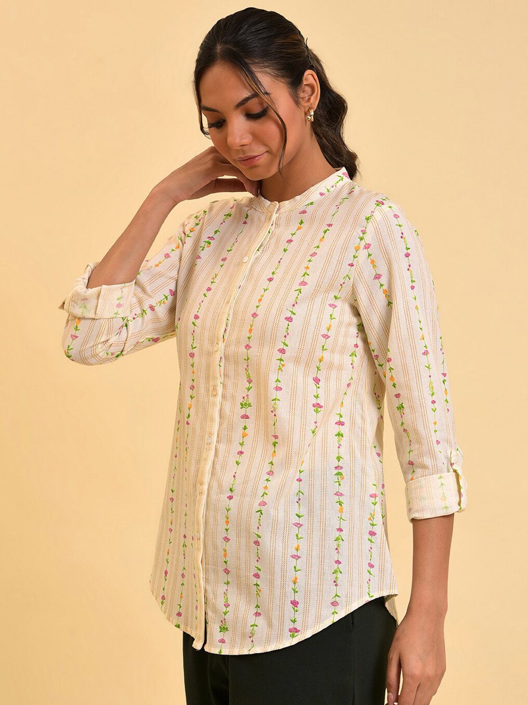 W White Floral Print Roll-Up Sleeves Cotton Top