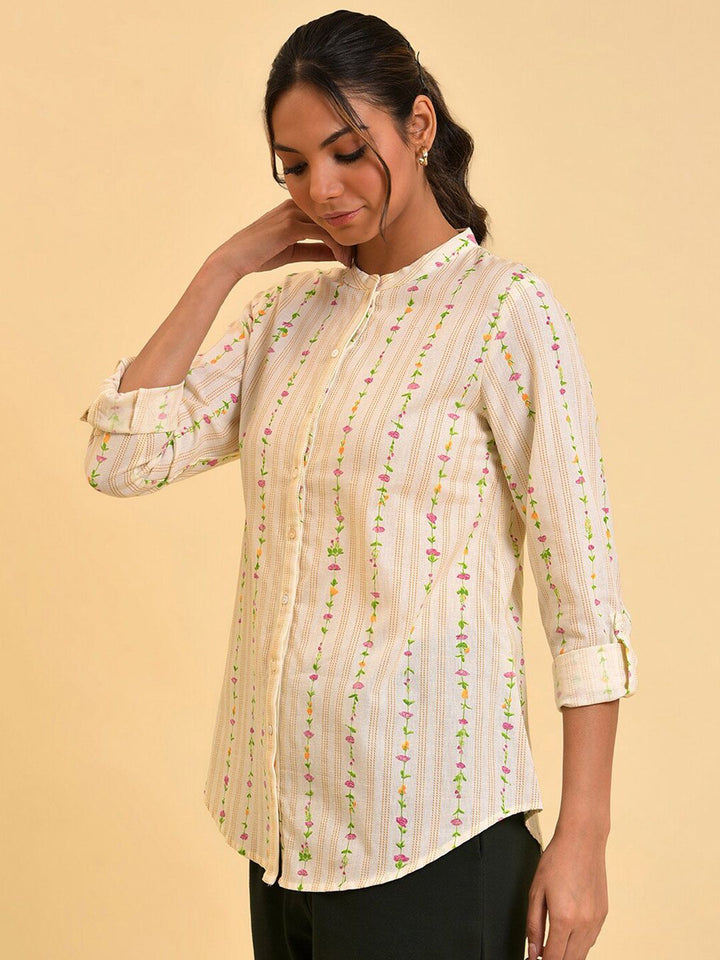 W White Floral Print Roll-Up Sleeves Cotton Top