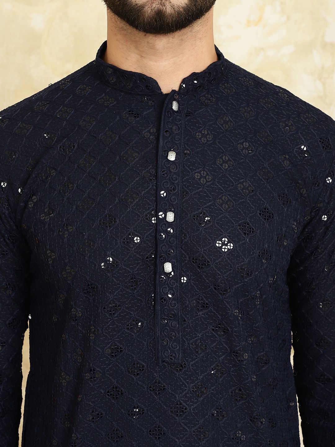 SOJANYA Ethnic Motifs Embroidered Regular Sequined Pure Cotton Kurta With Churidar