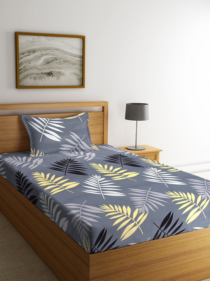 KLOTTHE Grey Leaf 300 TC Single Fine Bedsheet with 1 Pillow Cover-225 x 150 cm