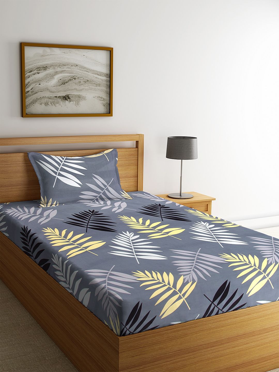 KLOTTHE Grey Leaf 300 TC Single Fine Bedsheet with 1 Pillow Cover-225 x 150 cm