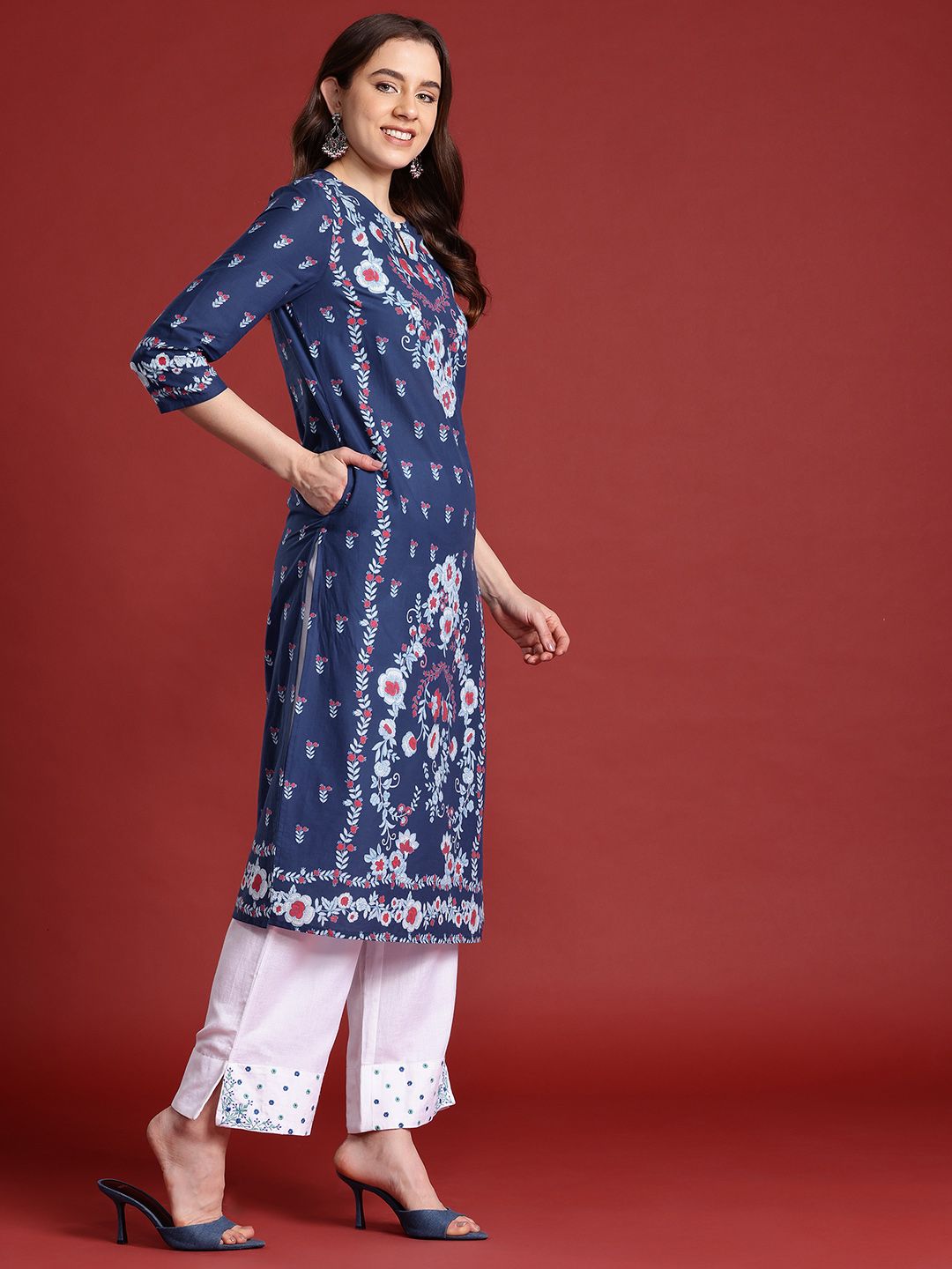 Anouk X Kaarkhana Pure Cotton Floral Print Keyhole Neck Indigo Kurta