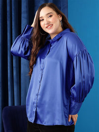 CURVY STREET Plus Size Shirt Collar Cuffed Sleeves Shirt Style Top