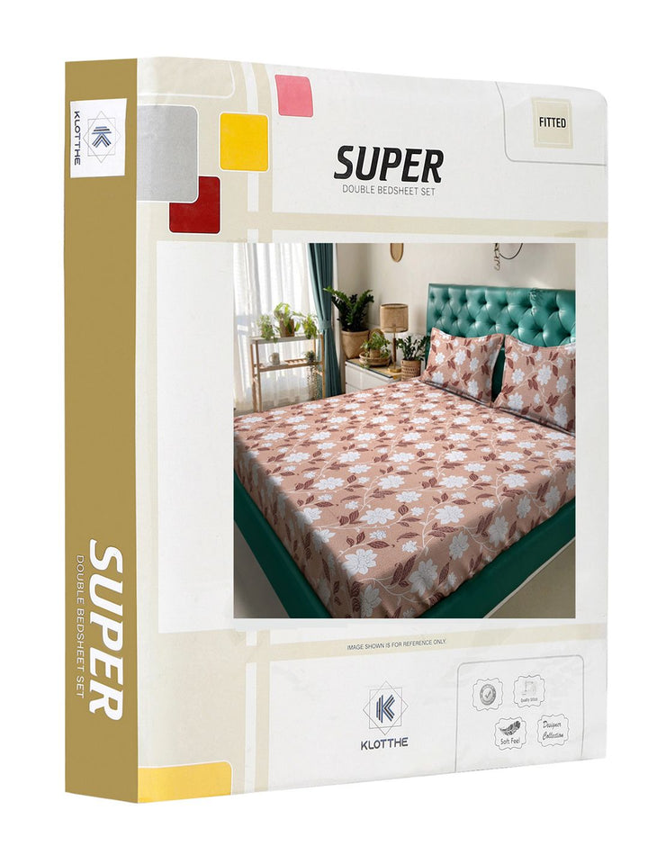 KLOTTHE Beige Floral Pure Cotton 400 TC Fitted King Superfine Bedsheet with 2 Pillow Covers-98 x 89 inches