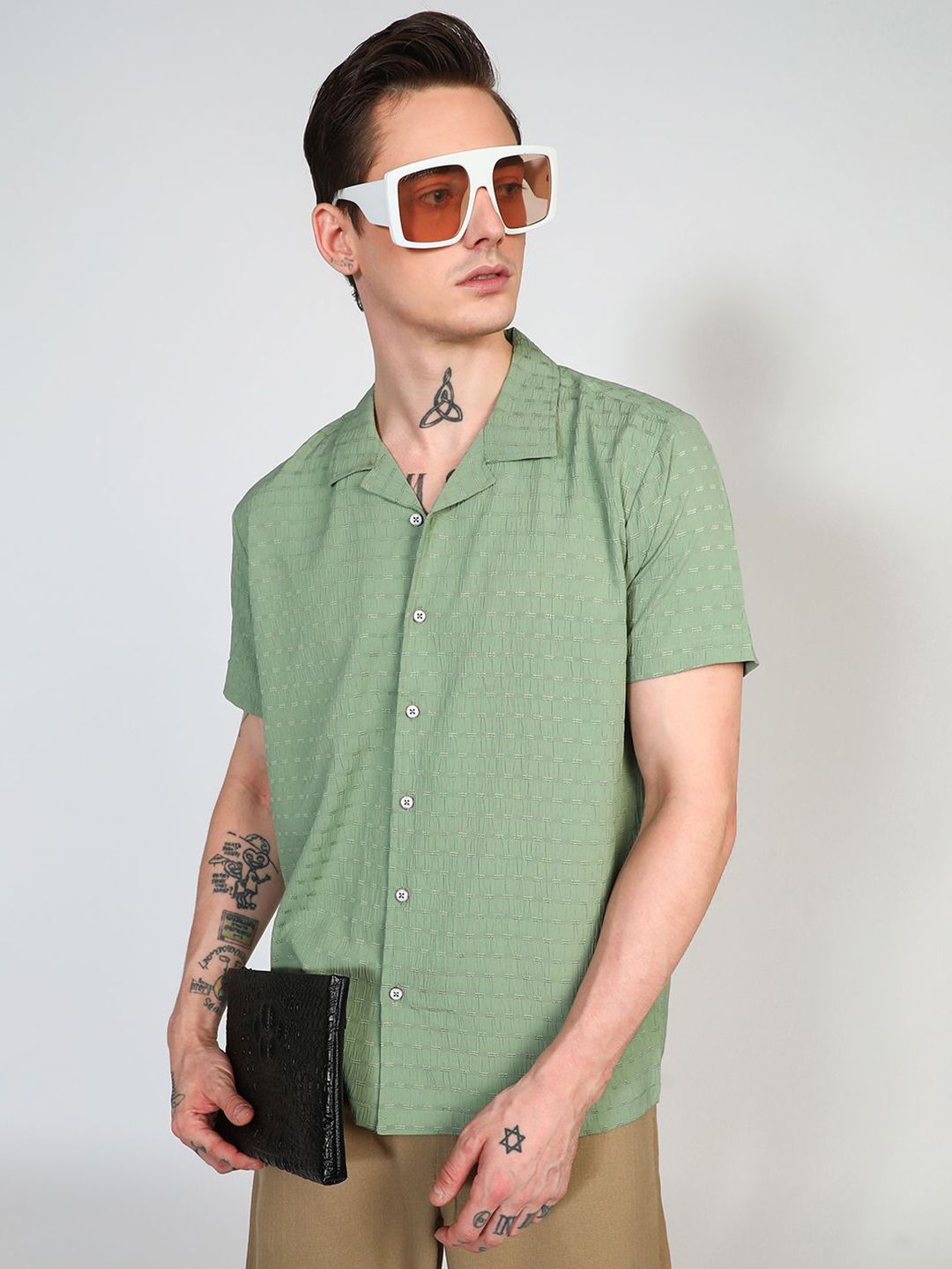 Campus Sutra Men Comfort Opaque Cuban Collar Creased Casual Shirt