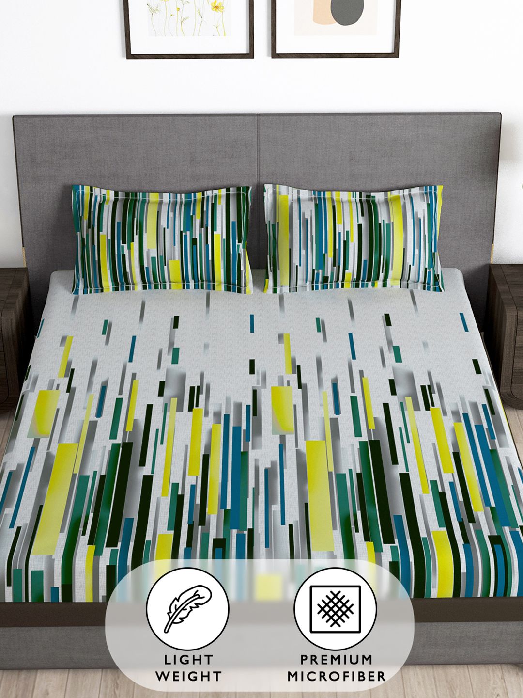 Story@home Grey & Green 180 TC Abstract Queen Fitted Bedsheet With 2 Pillow Covers